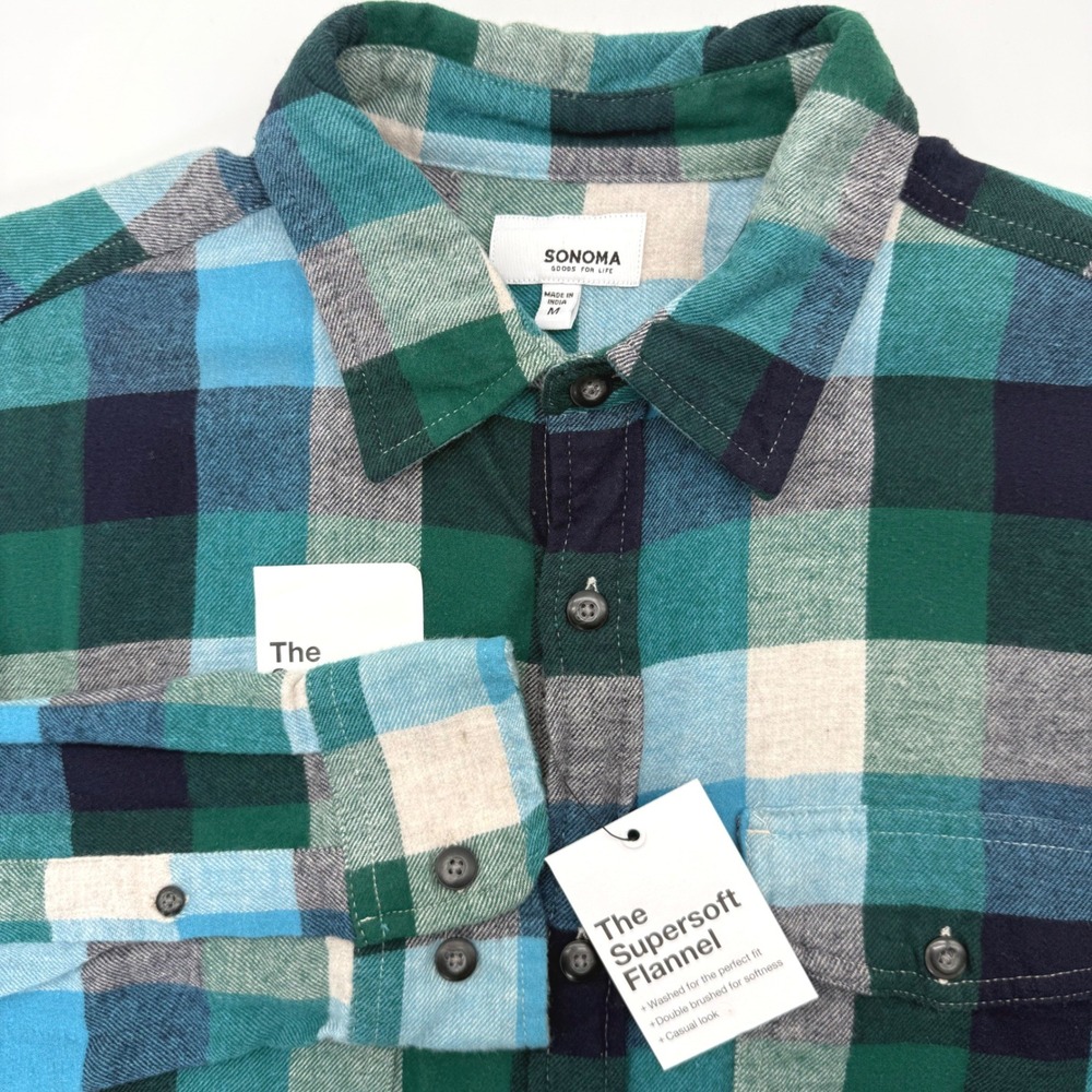 Sonoma Flannel Shirt Men Medium‎ Teal Green Plaid Supersoft Cotton MS73W120RR1